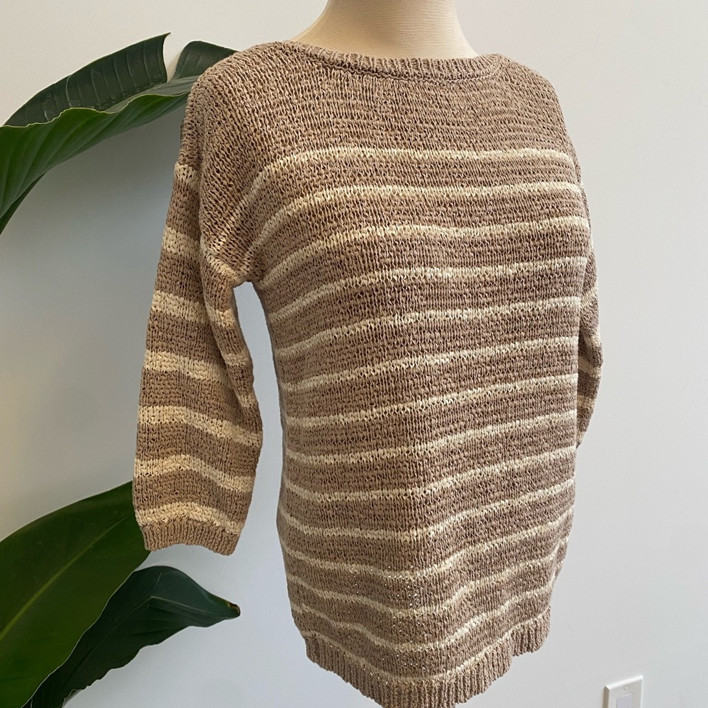 Jones New York Taupe & Cream Striped Boatneck Sweater